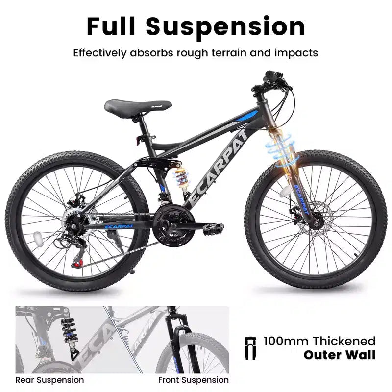 Vélo de montagne Okak 27,5 pouces avec double amortisseur avant et arrière, VTT 21 vitesses avec frein à disque mécanique, vélo adulte pour hommes et femmes
