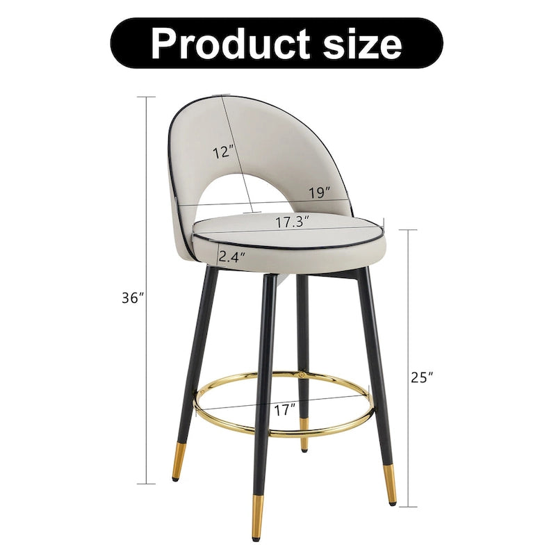 Lot de 2 tabourets de bar pivotants modernes avec dossier rembourré en PU et pieds en métal, pour salle à manger, salon et terrasse