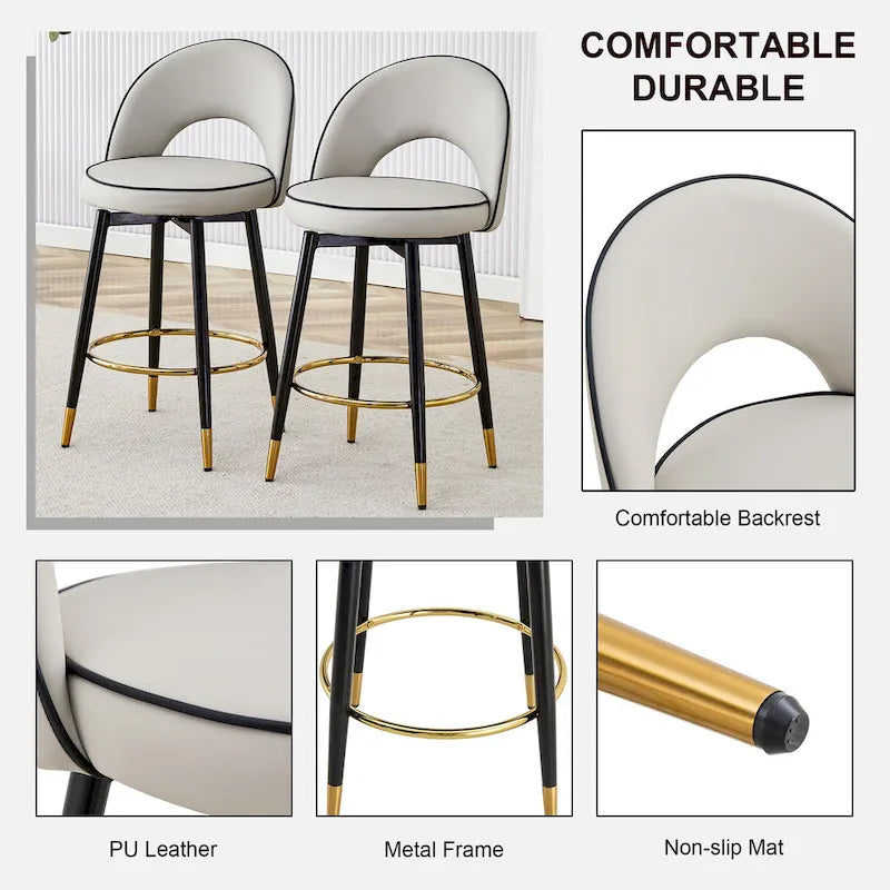 Lot de 2 tabourets de bar pivotants modernes avec dossier rembourré en PU et pieds en métal, pour salle à manger, salon et terrasse