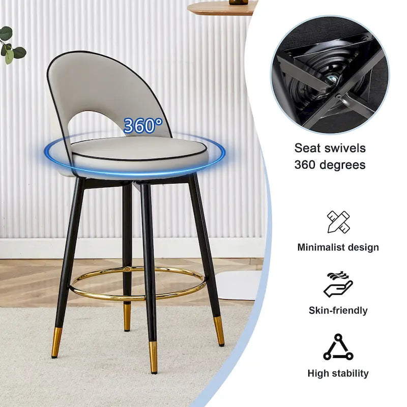 Lot de 2 tabourets de bar pivotants modernes avec dossier rembourré en PU et pieds en métal, pour salle à manger, salon et terrasse