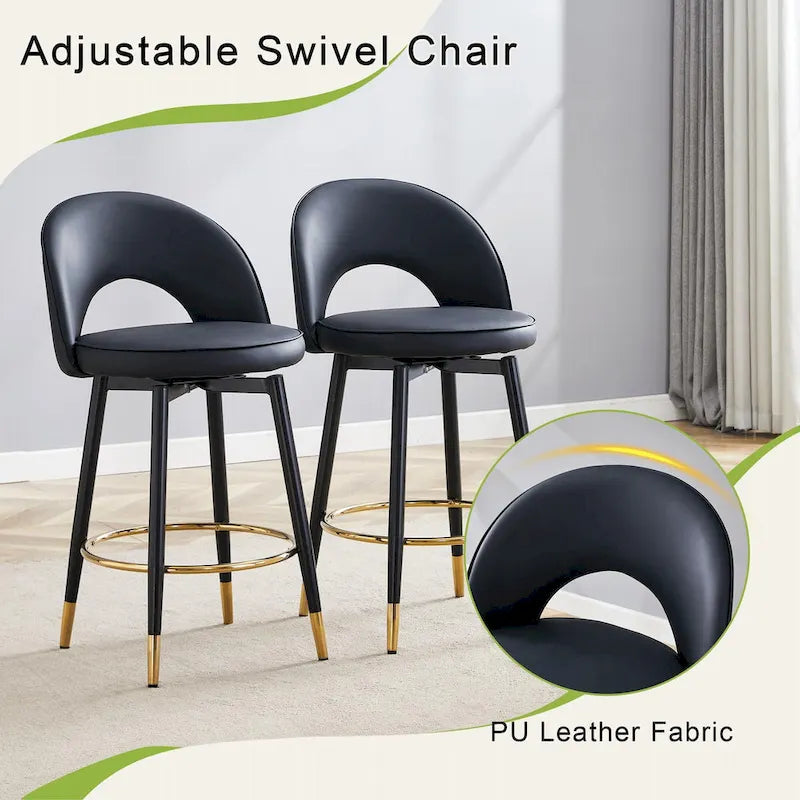 Lot de 2 tabourets de bar pivotants modernes avec dossier rembourré en PU et pieds en métal, pour salle à manger, salon et terrasse