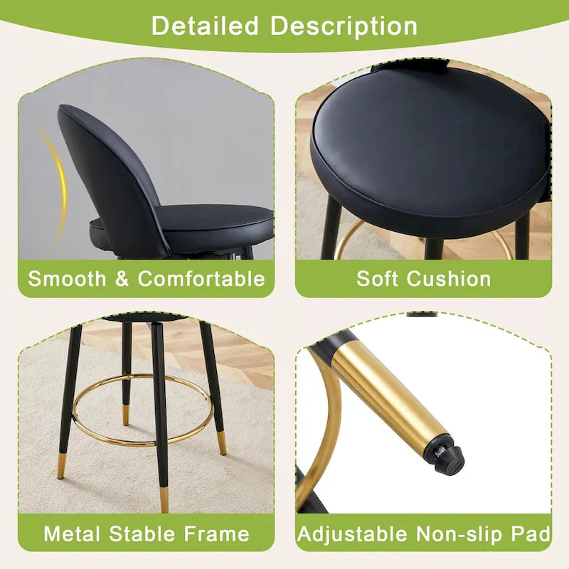 Lot de 2 tabourets de bar pivotants modernes avec dossier rembourré en PU et pieds en métal, pour salle à manger, salon et terrasse