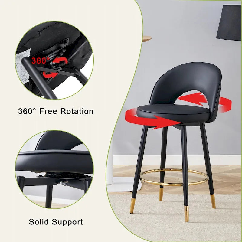 Lot de 2 tabourets de bar pivotants modernes avec dossier rembourré en PU et pieds en métal, pour salle à manger, salon et terrasse