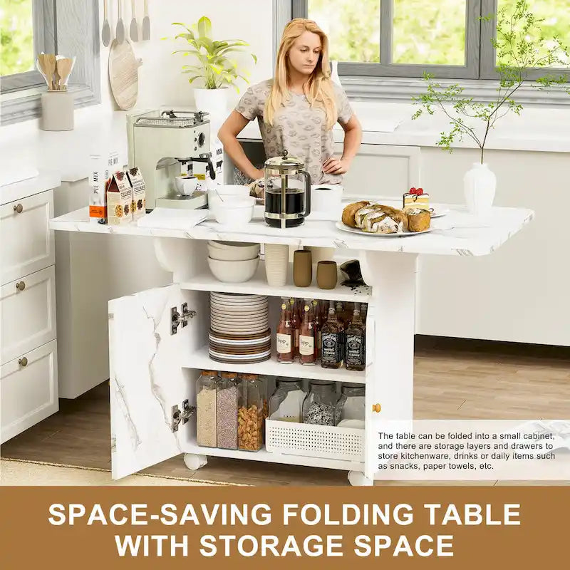 Îlot de cuisine roulant et pliant en bois 47 avec étagère de rangement et armoire