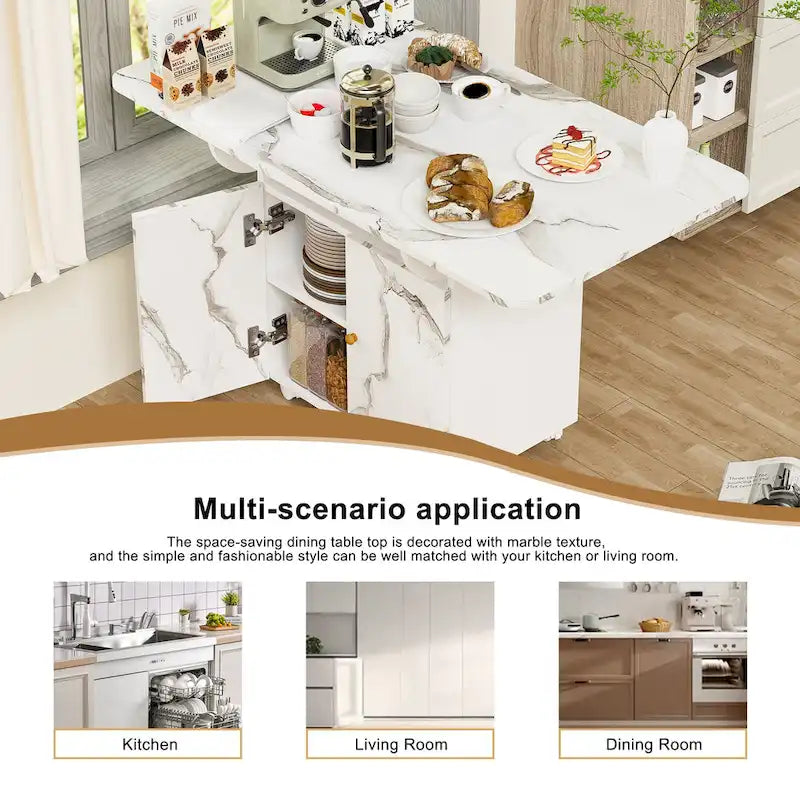 Îlot de cuisine roulant et pliant en bois 47 avec étagère de rangement et armoire