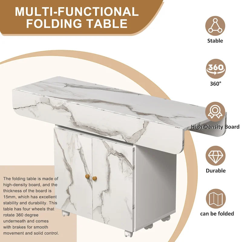 Îlot de cuisine roulant et pliant en bois 47 avec étagère de rangement et armoire
