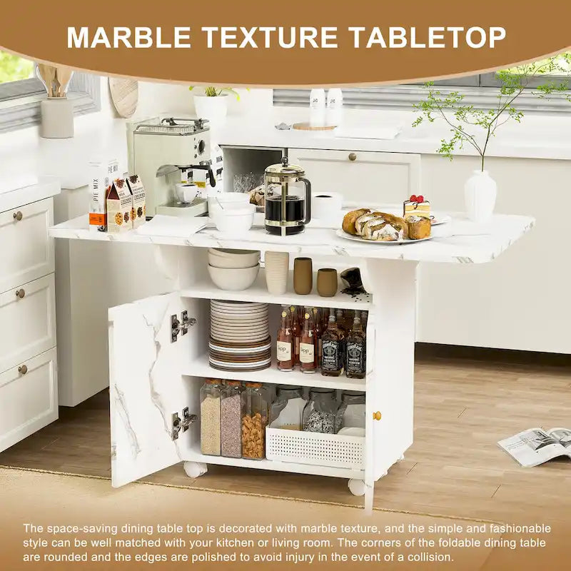 Îlot de cuisine roulant et pliant en bois 47 avec étagère de rangement et armoire