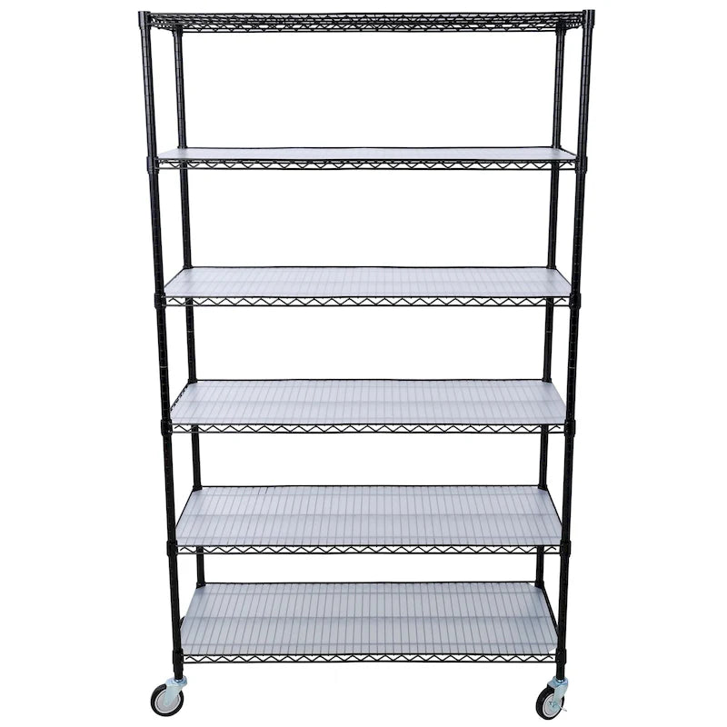 Étagère métallique ajustable à 6 niveaux sur roues – Noir / Blanc / Chrome – 6000 lb, 2 personnes