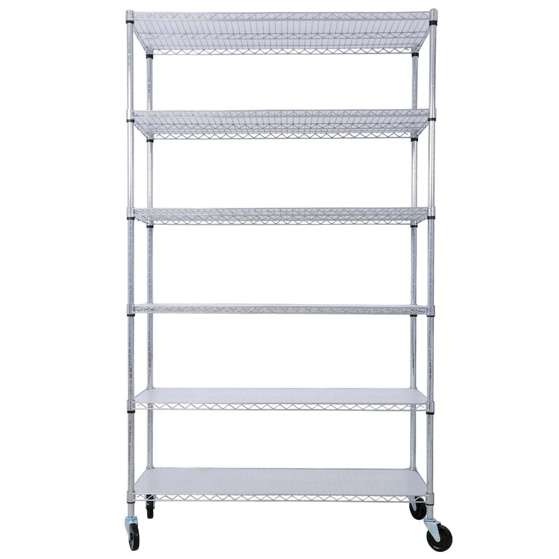 Étagère métallique ajustable à 6 niveaux sur roues – Noir / Blanc / Chrome – 6000 lb, 2 personnes