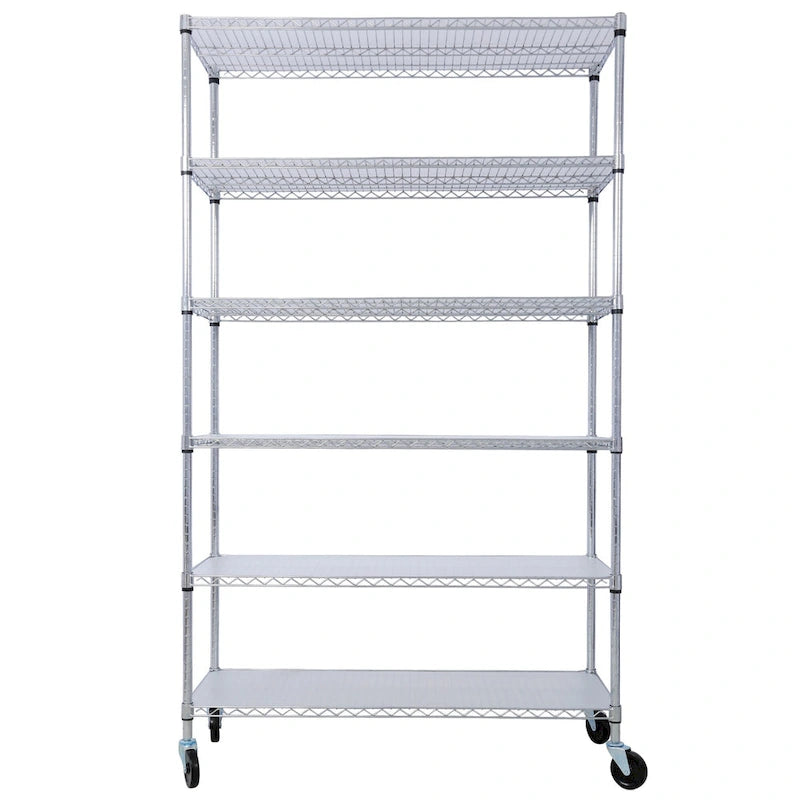 Étagère métallique ajustable à 6 niveaux sur roues – Noir / Blanc / Chrome – 6000 lb, 2 personnes