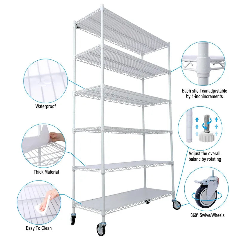 Étagère métallique ajustable à 6 niveaux sur roues – Noir / Blanc / Chrome – 6000 lb, 2 personnes