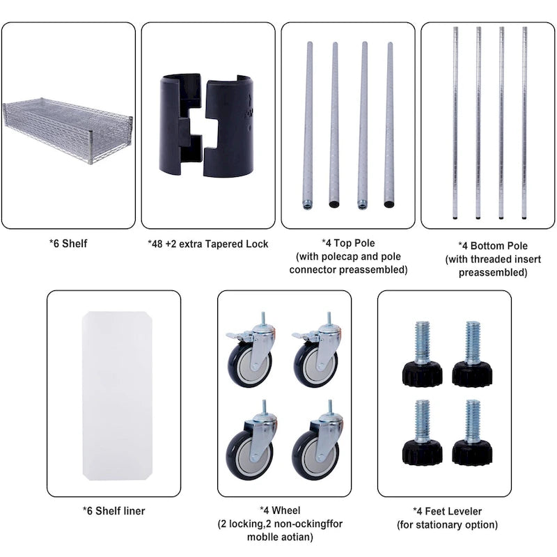 Étagère métallique ajustable à 6 niveaux sur roues – Noir / Blanc / Chrome – 6000 lb, 2 personnes