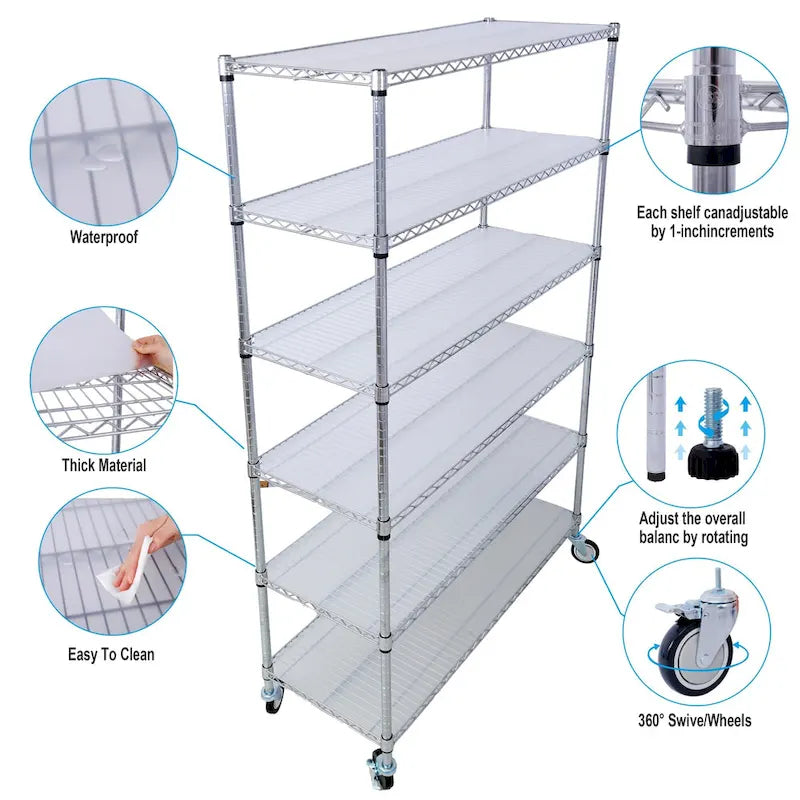 Étagère métallique ajustable à 6 niveaux sur roues – Noir / Blanc / Chrome – 6000 lb, 2 personnes
