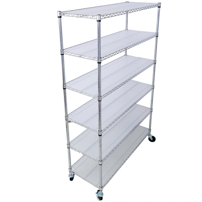 Étagère métallique ajustable à 6 niveaux sur roues – Noir / Blanc / Chrome – 6000 lb, 2 personnes