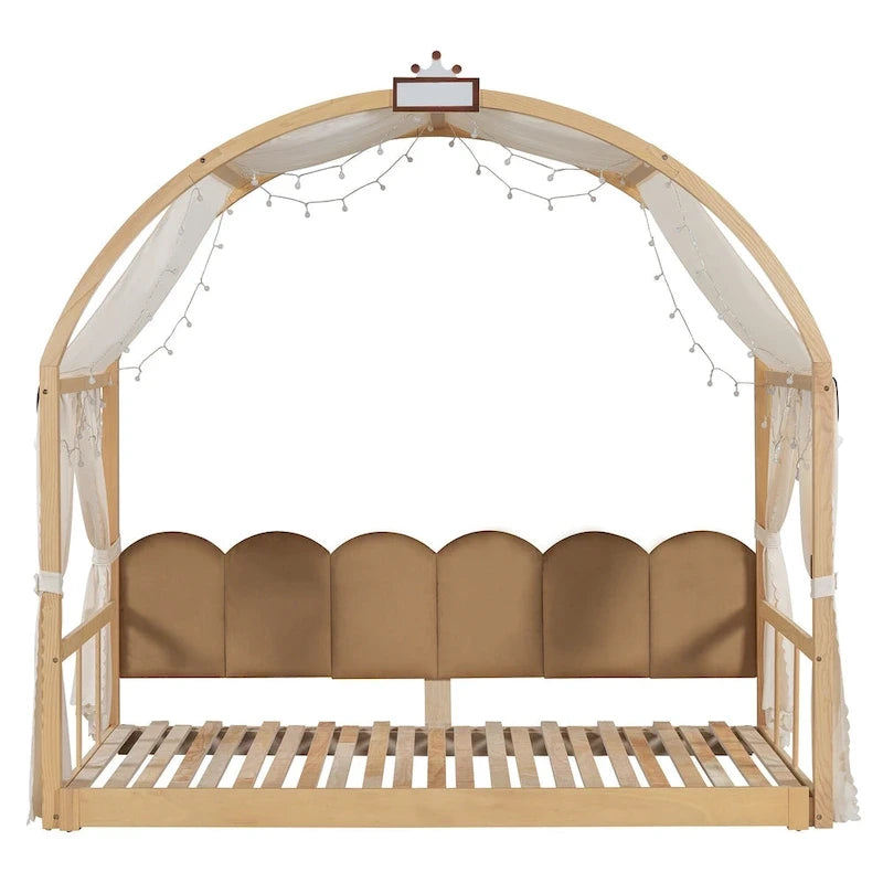 Lit cabane Montessori en bois massif avec plateforme, toit voûté et lit gigogne pour filles et garçons