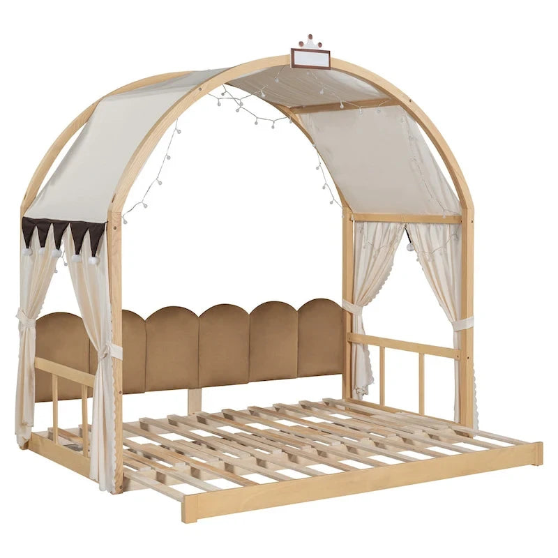 Lit cabane Montessori en bois massif avec plateforme, toit voûté et lit gigogne pour filles et garçons