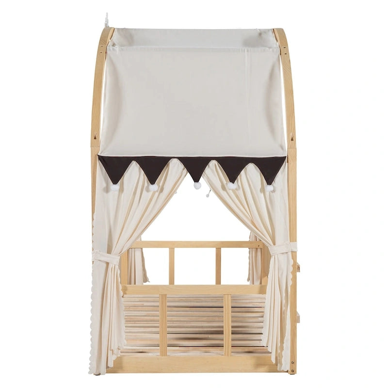 Lit cabane Montessori en bois massif avec plateforme, toit voûté et lit gigogne pour filles et garçons