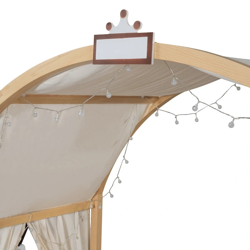Lit cabane Montessori en bois massif avec plateforme, toit voûté et lit gigogne pour filles et garçons