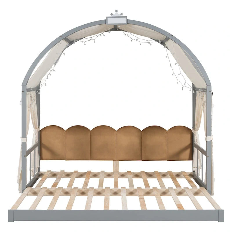 Lit cabane Montessori en bois massif avec plateforme, toit voûté et lit gigogne pour filles et garçons