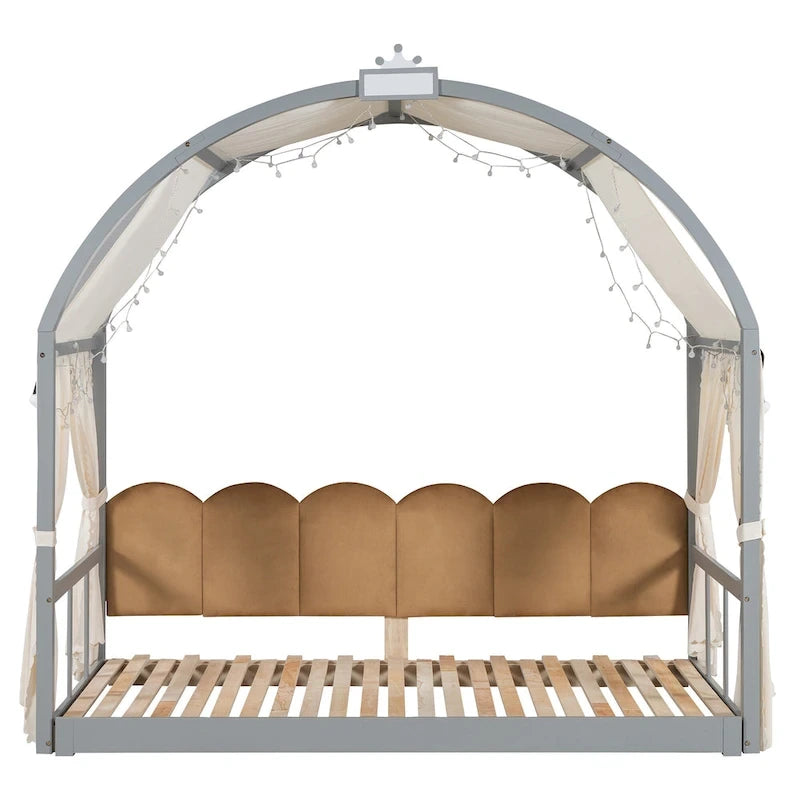 Lit cabane Montessori en bois massif avec plateforme, toit voûté et lit gigogne pour filles et garçons