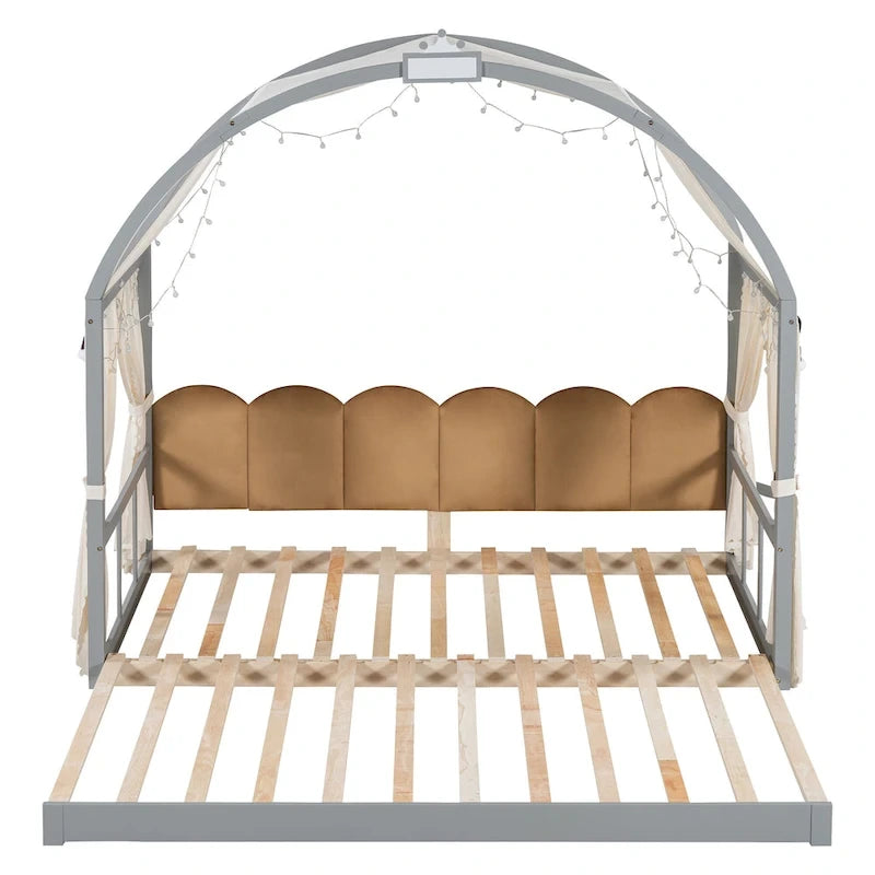 Lit cabane Montessori en bois massif avec plateforme, toit voûté et lit gigogne pour filles et garçons