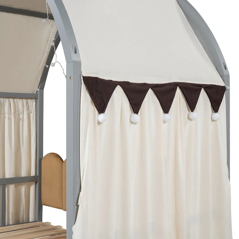 Lit cabane Montessori en bois massif avec plateforme, toit voûté et lit gigogne pour filles et garçons