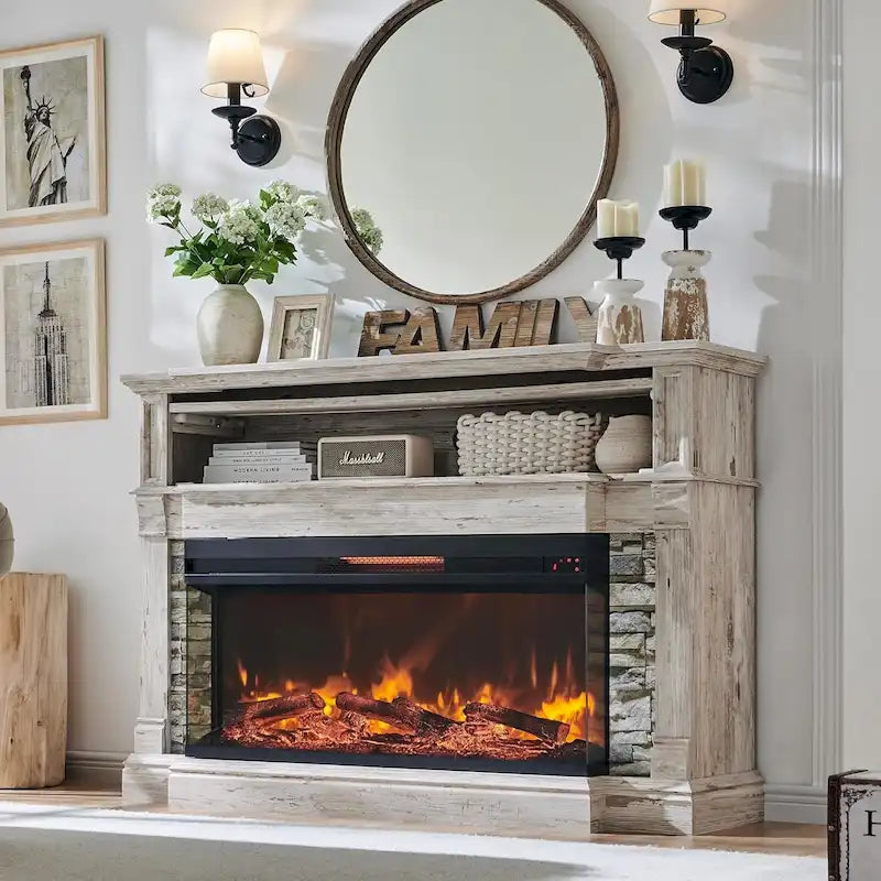 Meuble TV de ferme avec foyer en verre à 3 côtés, centre de divertissement