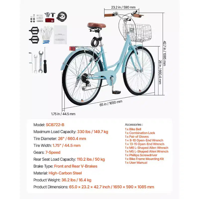 Vélo de croisière VEVOR, 7 vitesses, 26 pouces, bleu clair, avec grand panier et porte-bagages arrière, vélo de croisière sûr et robuste, bleu clair