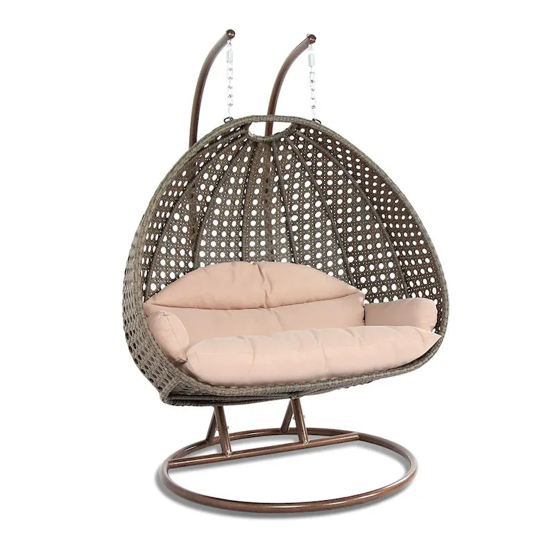Fauteuil suspendu en forme d'œuf avec support métallique, cadre en osier et coussin – Beige / Bleu anthracite / Blanc / Bleu / Blanc antique / Marron / Toile, 2 places