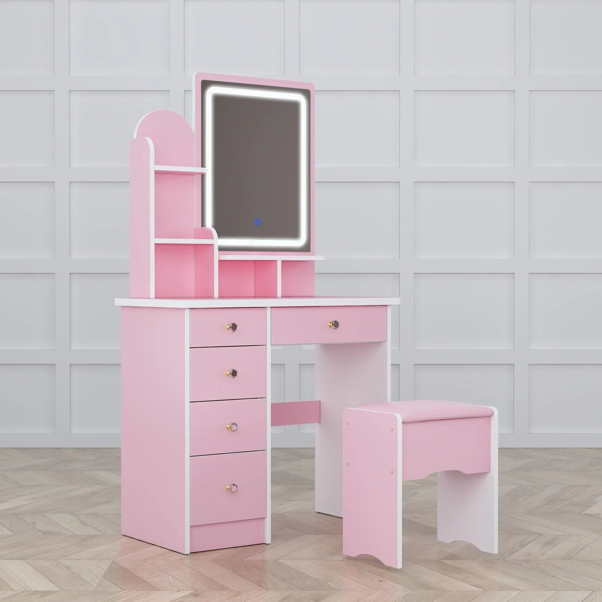 Coiffeuse avec miroir LED intégré et tabouret