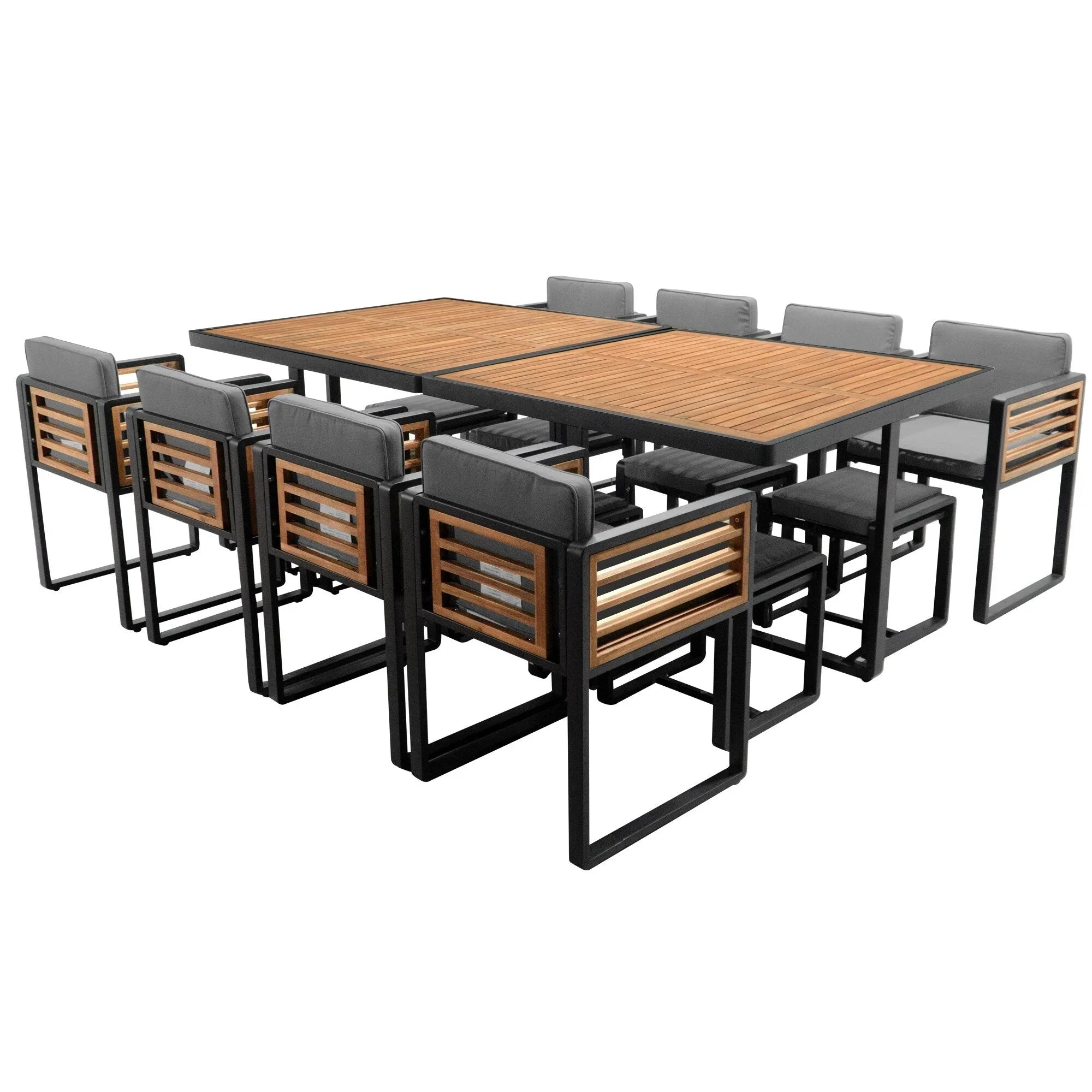 Ensemble de salle à manger d'extérieur 18 pièces en bois d'acacia, 8 chaises rembourrées, 8 poufs et 2 tables carrées