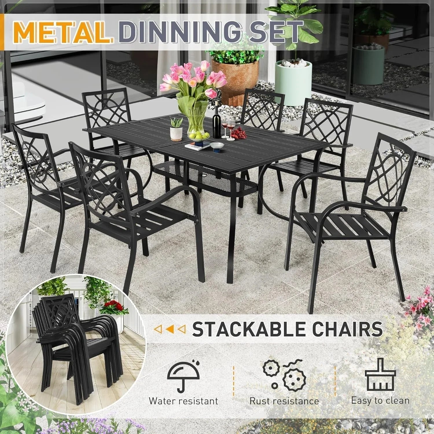 SUNCROWN Salon de jardin 5/7 pièces en acier avec table à lattes métalliques et chaises empilables Structure thermolaquée