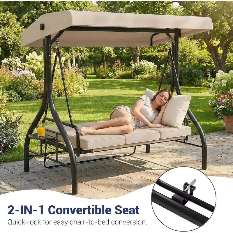 Balançoire de jardin convertible 2-en-1 à 3 places avec auvent réglable, lit de balançoire de patio avec support, coussins épais et porte-gobelets, pour jardin, cour ou porche
