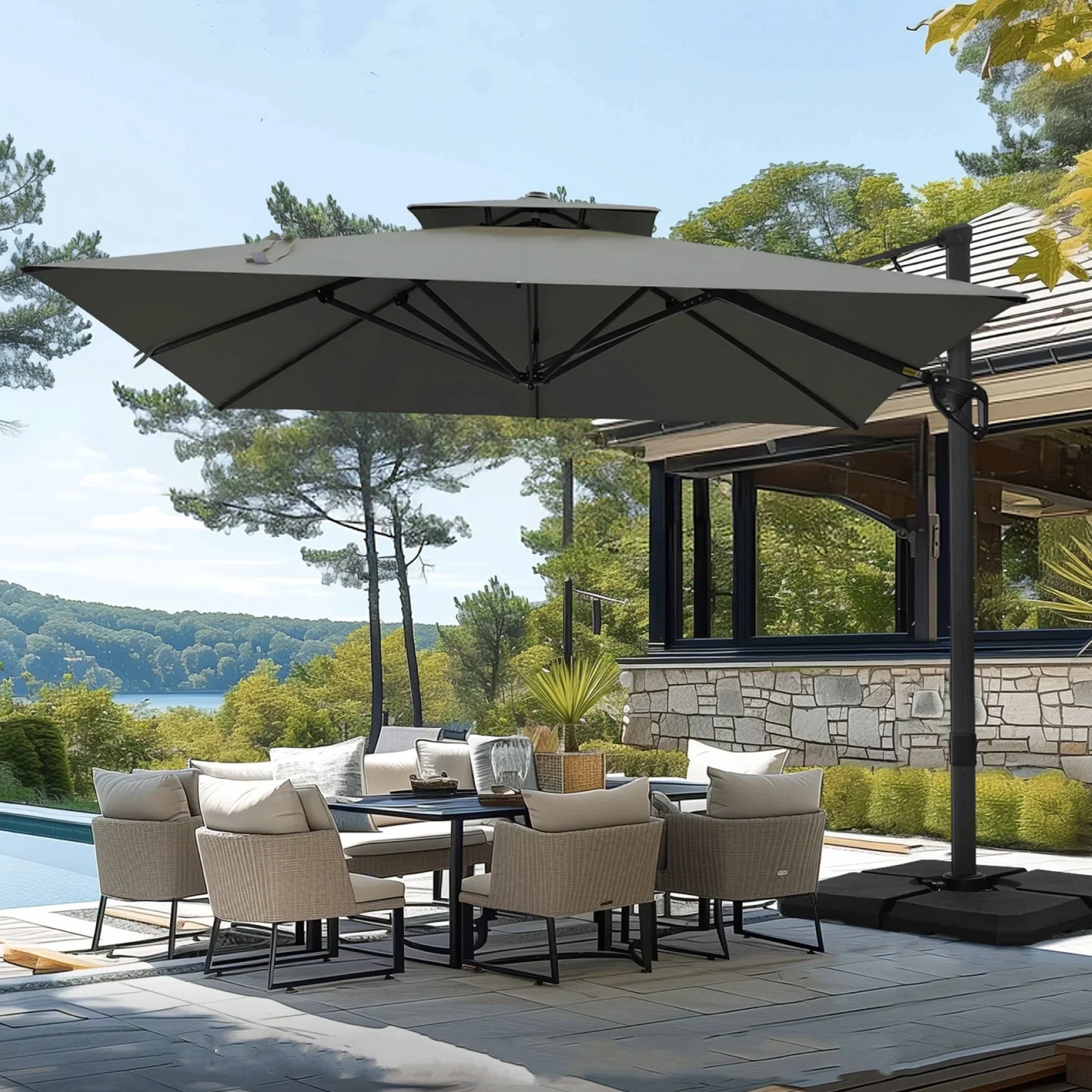 MAISON ARTS Parasol déporté hydraulique automatique 3,6 m avec mât en aluminium et rotation à 360 degrés