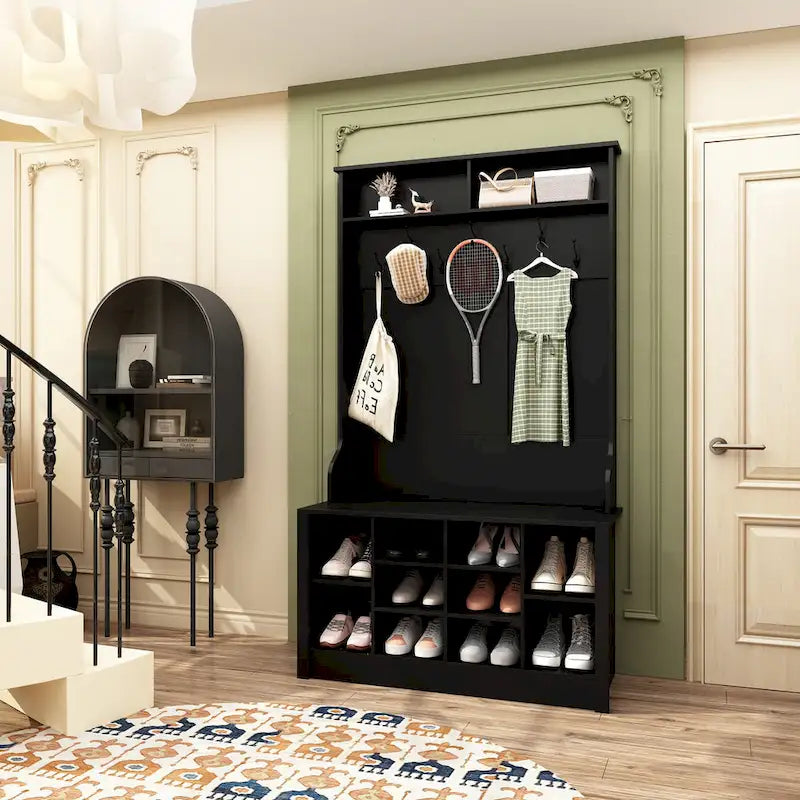 Banc à chaussures porte-manteau de 174 cm – Meuble d'entrée 4 en 1 avec banc de rangement