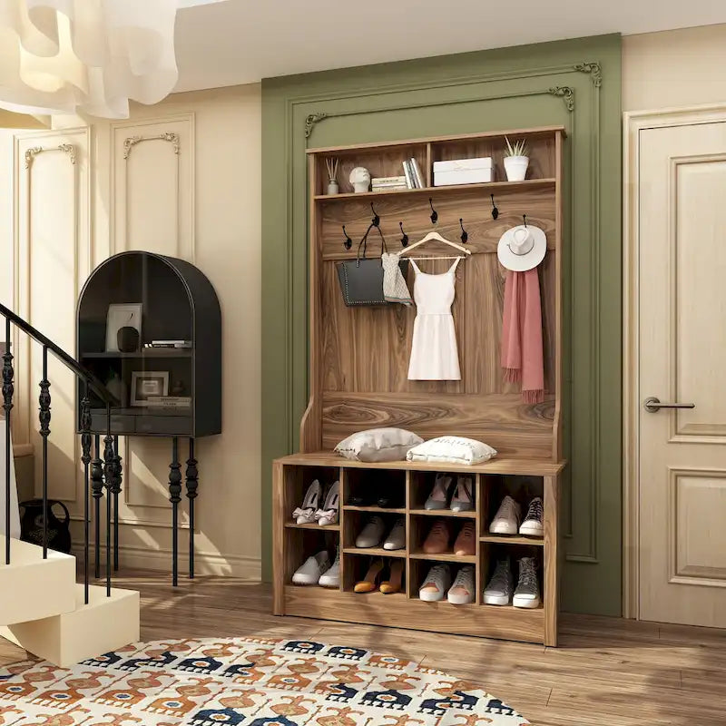 Banc à chaussures porte-manteau de 174 cm – Meuble d'entrée 4 en 1 avec banc de rangement