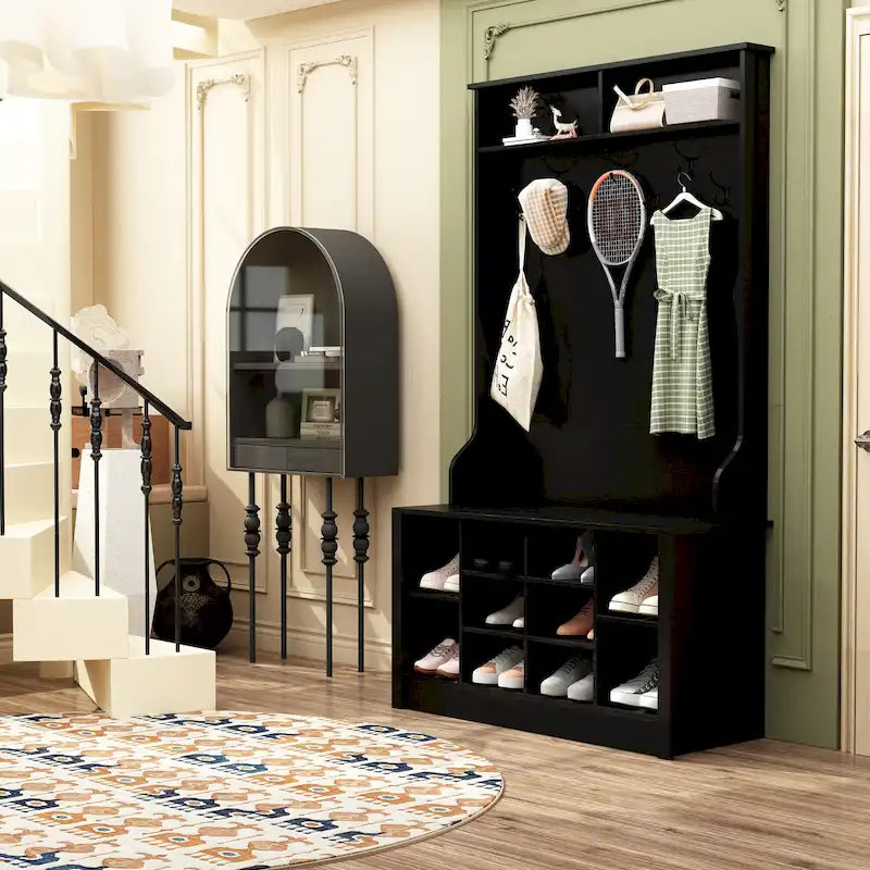 Banc à chaussures porte-manteau de 174 cm – Meuble d'entrée 4 en 1 avec banc de rangement