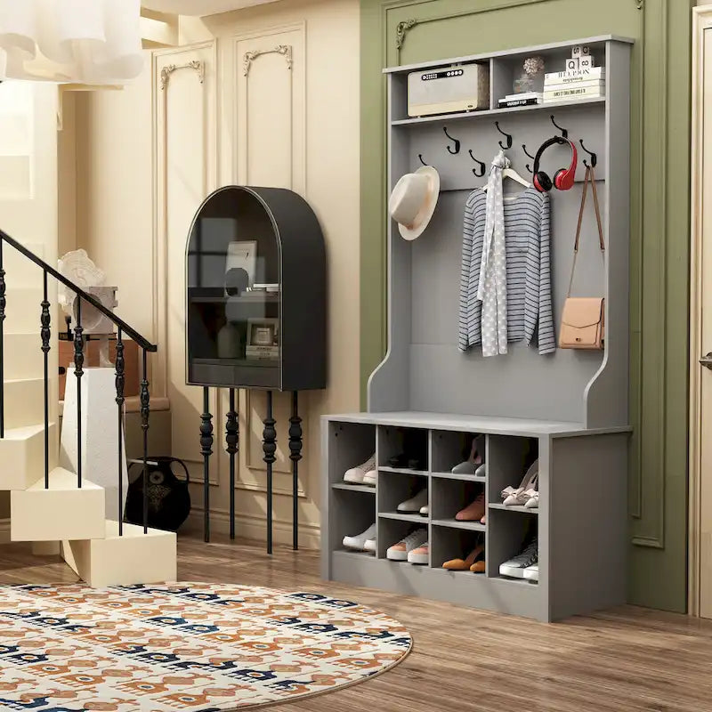 Banc à chaussures porte-manteau de 174 cm – Meuble d'entrée 4 en 1 avec banc de rangement