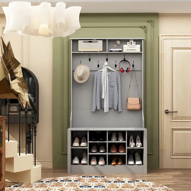 Banc à chaussures porte-manteau de 174 cm – Meuble d'entrée 4 en 1 avec banc de rangement
