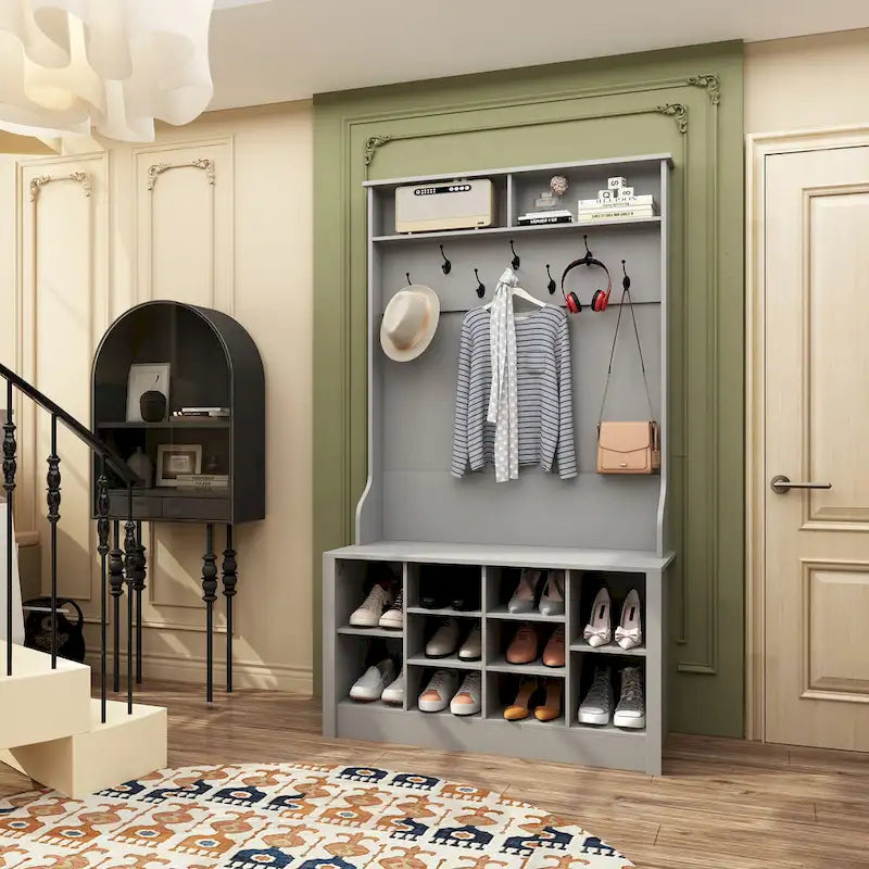 Banc à chaussures porte-manteau de 174 cm – Meuble d'entrée 4 en 1 avec banc de rangement