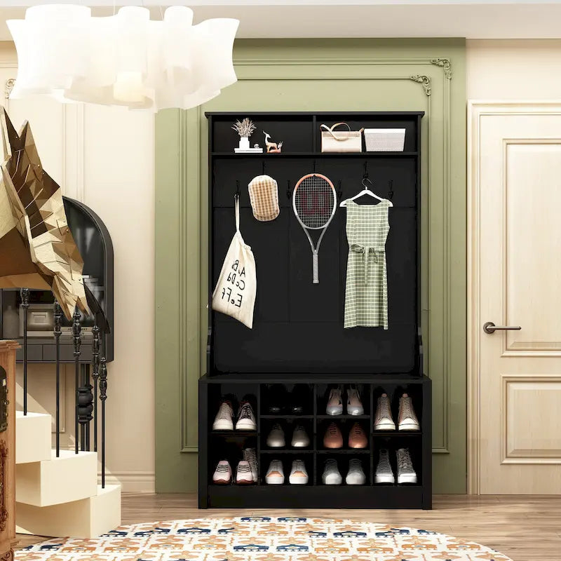 Banc à chaussures porte-manteau de 174 cm – Meuble d'entrée 4 en 1 avec banc de rangement