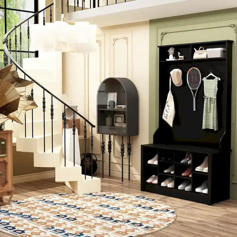 Banc à chaussures porte-manteau de 174 cm – Meuble d'entrée 4 en 1 avec banc de rangement