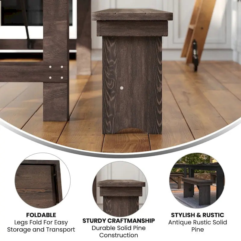 Banc de ferme pliant rustique en pin massif 40 x 12, style ancien