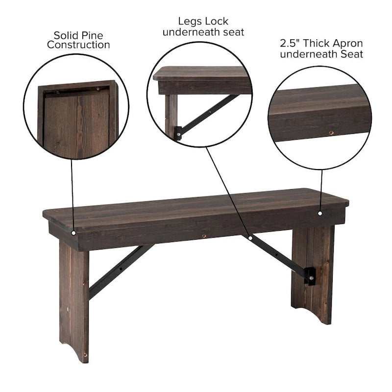 Banc de ferme pliant rustique en pin massif 40 x 12, style ancien
