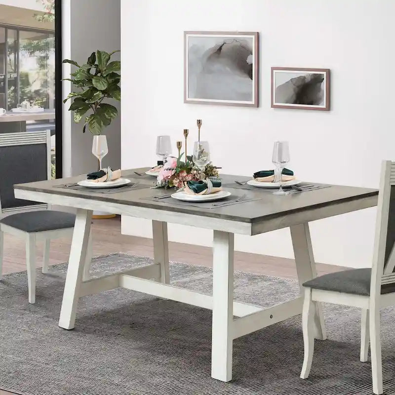 Table de salle à manger rectangulaire en bois d'hévéa et blanc vieilli de 164 cm - 74,3 cm H x 164 cm L x 90 cm P