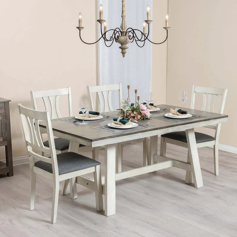 Table de salle à manger rectangulaire en bois d'hévéa et blanc vieilli de 164 cm - 74,3 cm H x 164 cm L x 90 cm P