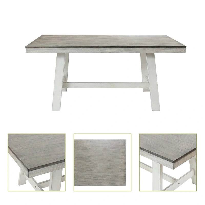 Table de salle à manger rectangulaire en bois d'hévéa et blanc vieilli de 164 cm - 74,3 cm H x 164 cm L x 90 cm P