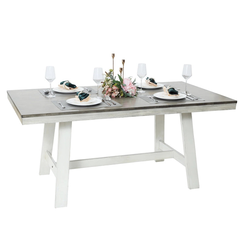 Table de salle à manger rectangulaire en bois d'hévéa et blanc vieilli de 164 cm - 74,3 cm H x 164 cm L x 90 cm P