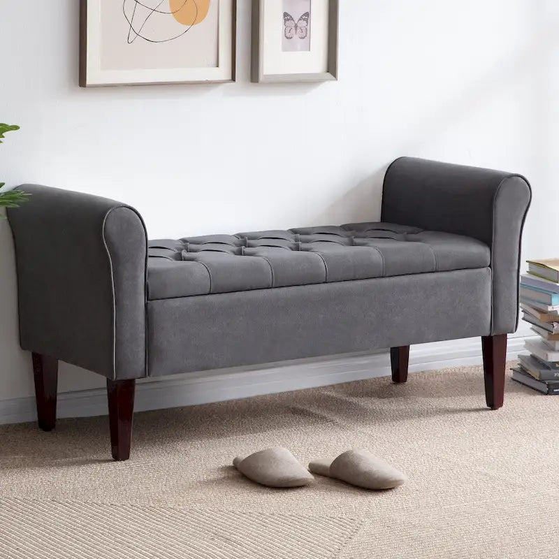 Banc ottoman de rangement en tissu avec accoudoirs et pieds en bois massif, 48 po L x 18 po P x 23 po H