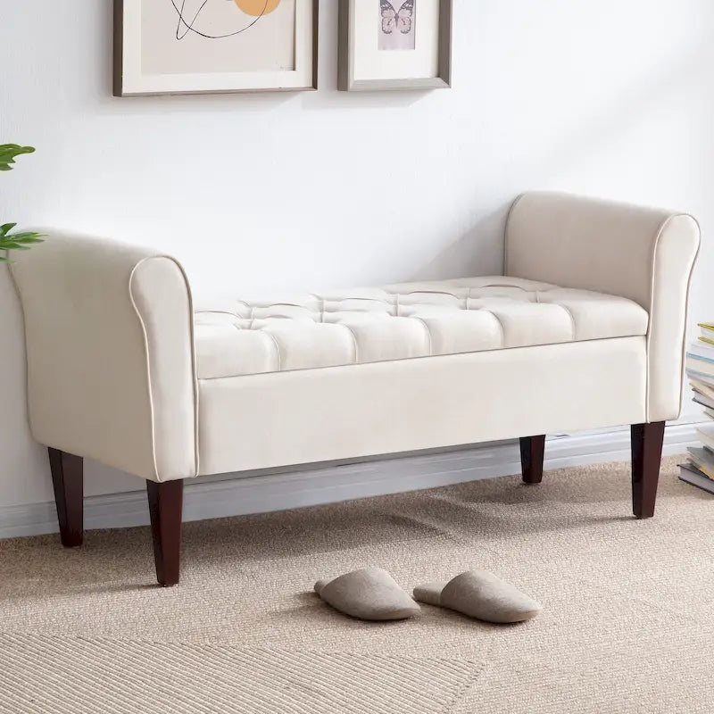 Banc ottoman de rangement en tissu avec accoudoirs et pieds en bois massif, 48 po L x 18 po P x 23 po H